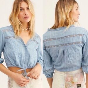 Free People Dainty Edwardian Embroidered Lace Cottage Top Billowy Sleeves Medium